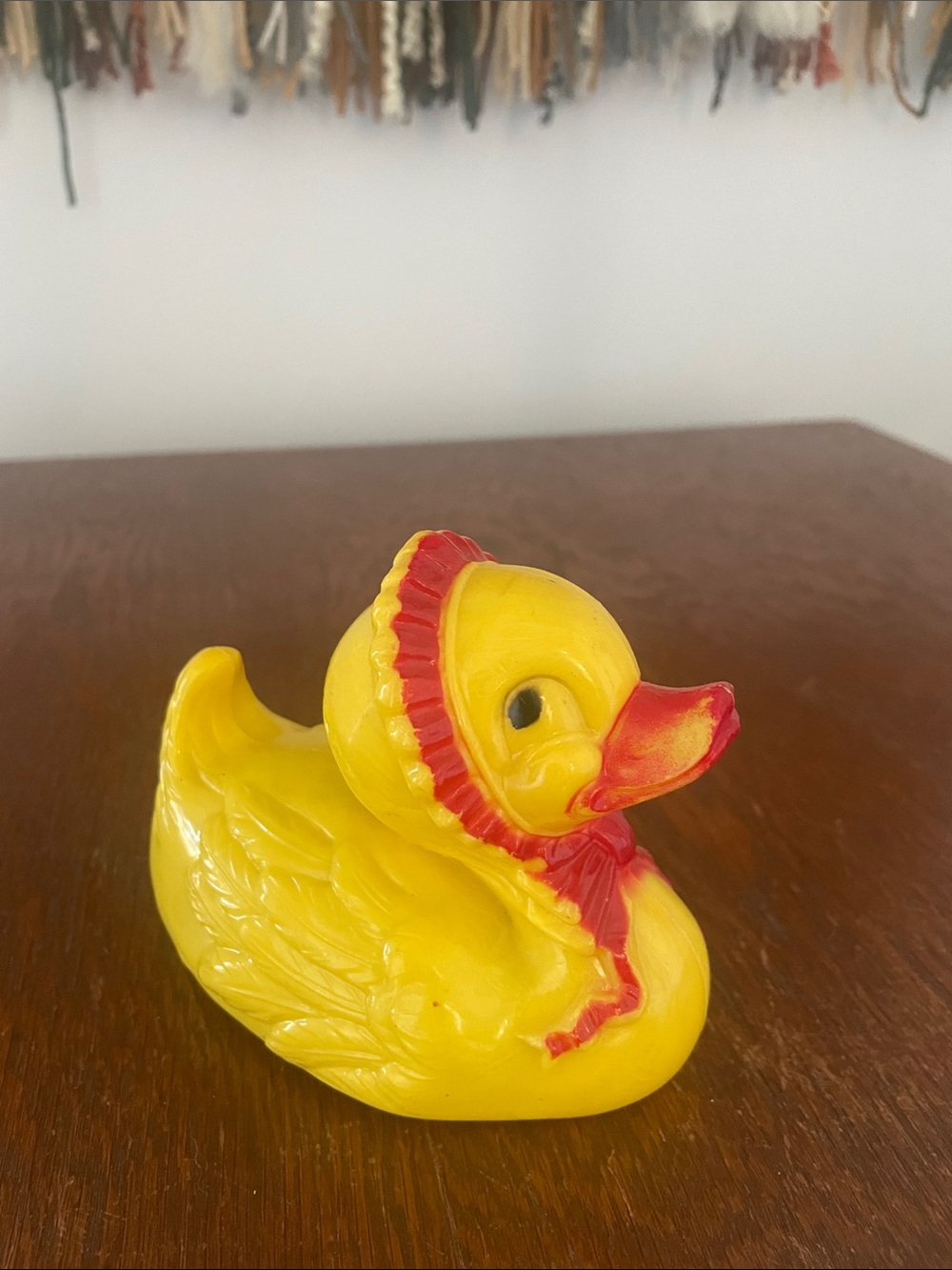 Yellow vintage Duck toy with Red Accents - hard plastic - retro